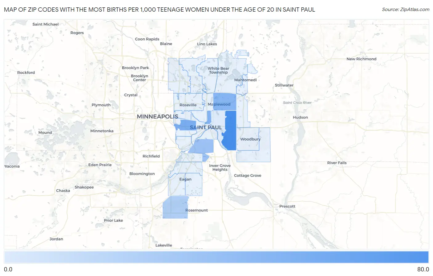 Zip Codes with the Most Births per 1,000 Teenage Women Under the Age of 20 in Saint Paul Map