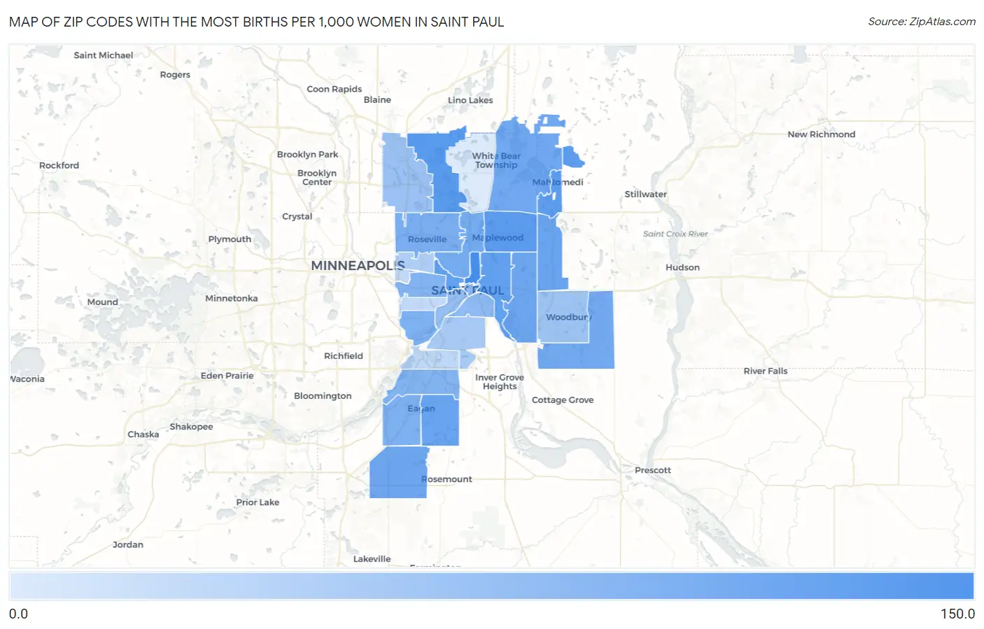 Zip Codes with the Most Births per 1,000 Women in Saint Paul Map