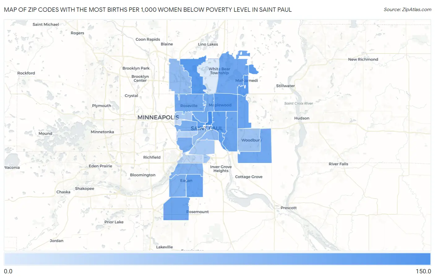 Zip Codes with the Most Births per 1,000 Women Below Poverty Level in Saint Paul Map