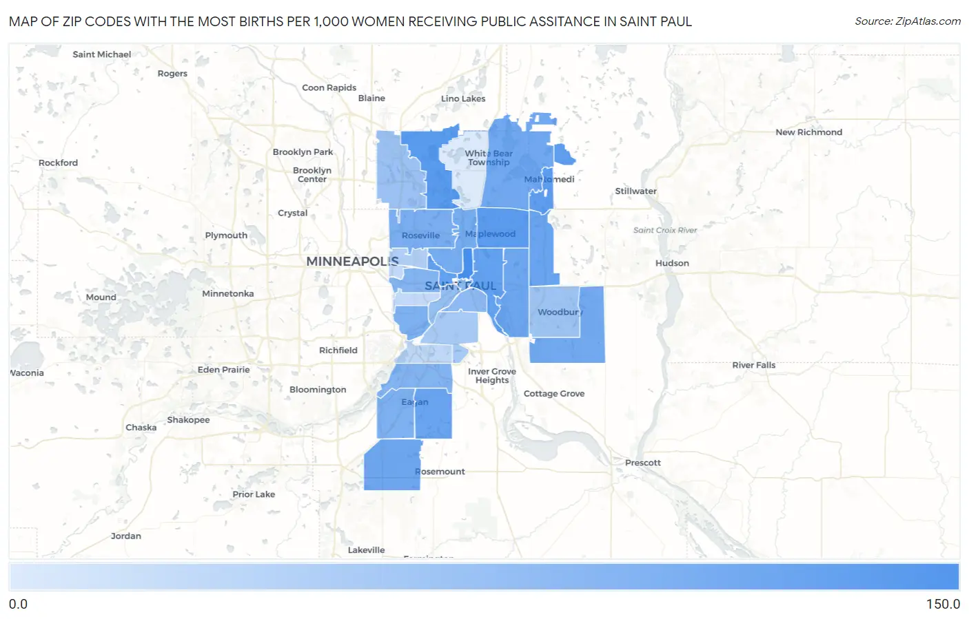 Zip Codes with the Most Births per 1,000 Women Receiving Public Assitance in Saint Paul Map