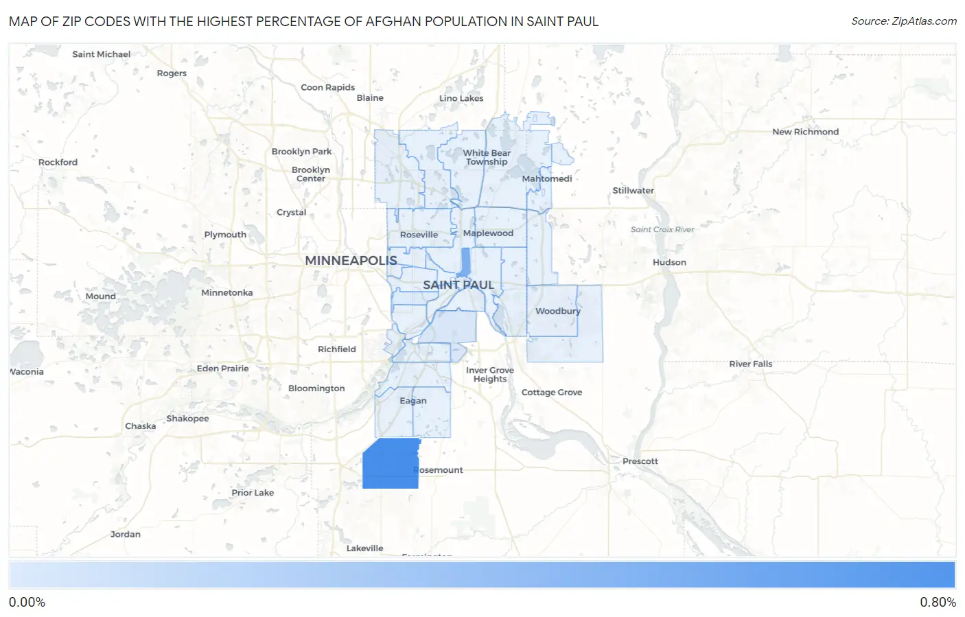 Zip Codes with the Highest Percentage of Afghan Population in Saint Paul Map