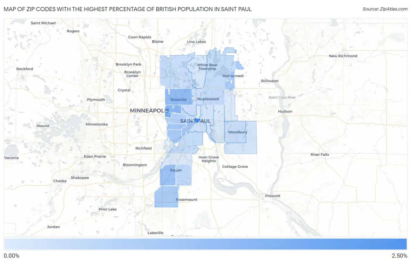 Zip Codes with the Highest Percentage of British Population in Saint Paul Map