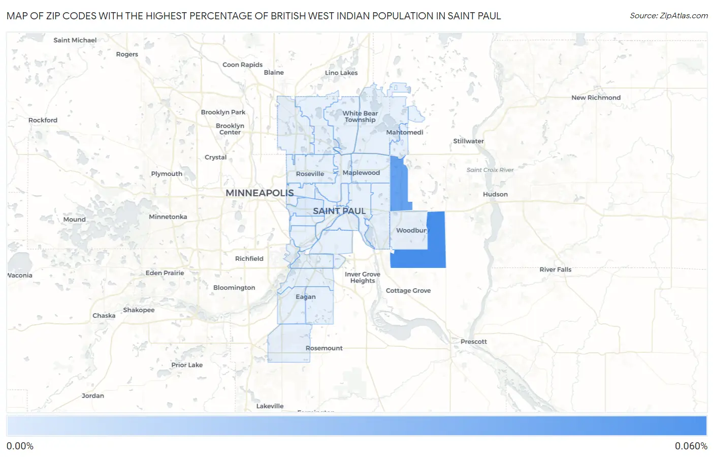 Zip Codes with the Highest Percentage of British West Indian Population in Saint Paul Map