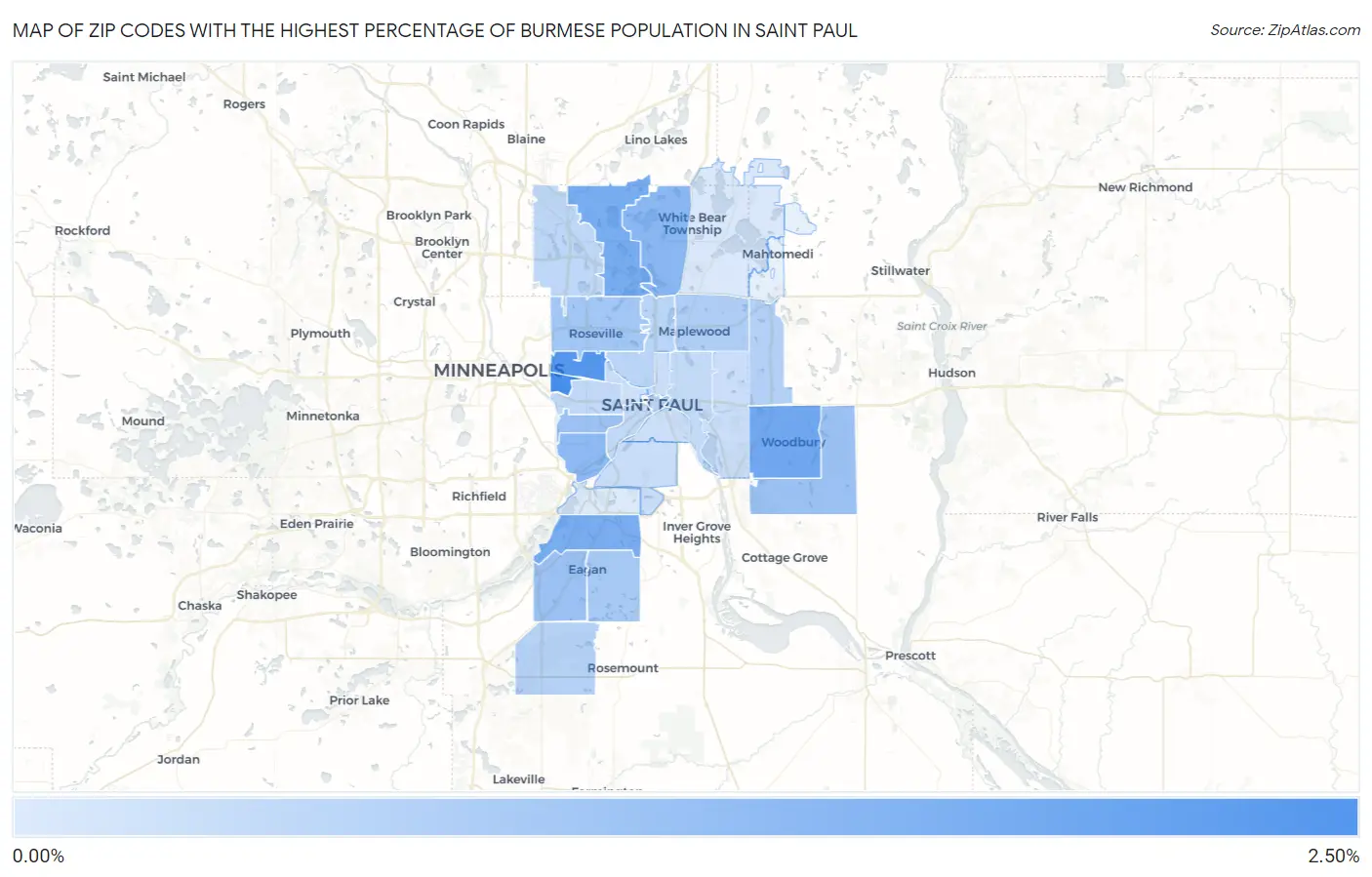 Zip Codes with the Highest Percentage of Burmese Population in Saint Paul Map