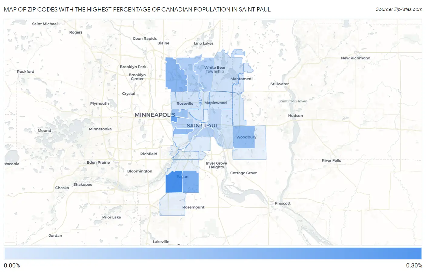 Zip Codes with the Highest Percentage of Canadian Population in Saint Paul Map
