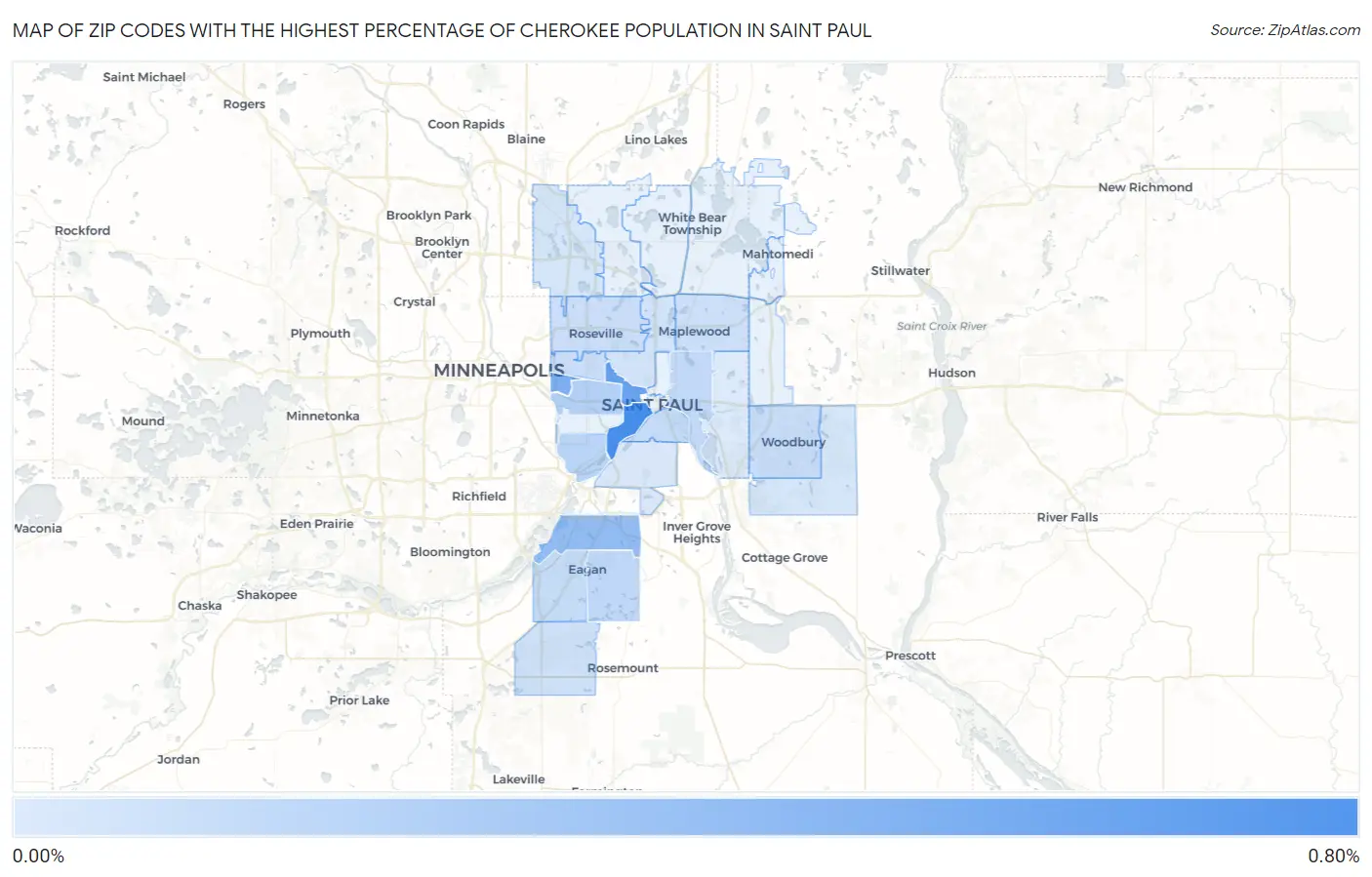 Zip Codes with the Highest Percentage of Cherokee Population in Saint Paul Map