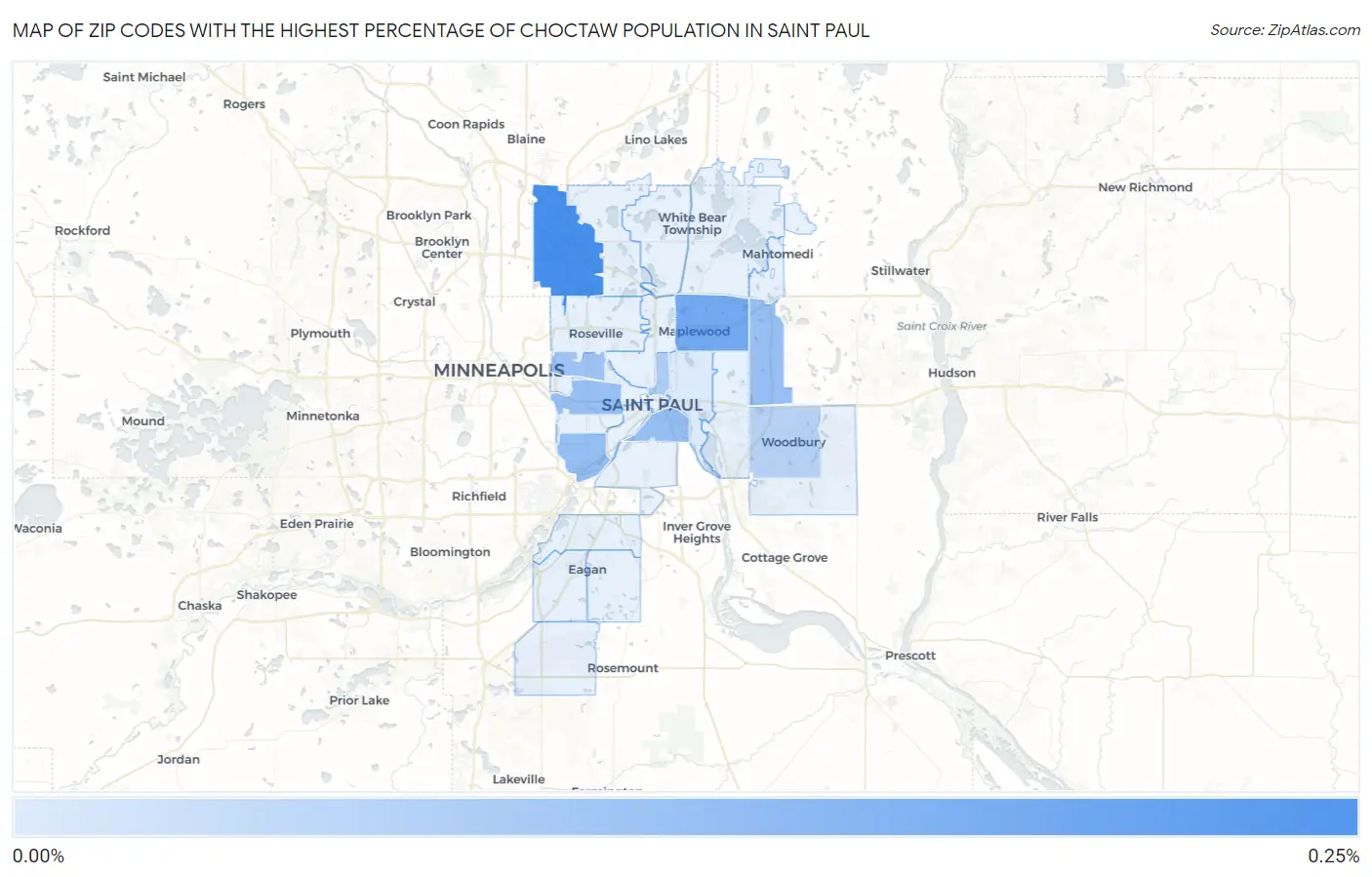 Zip Codes with the Highest Percentage of Choctaw Population in Saint Paul Map