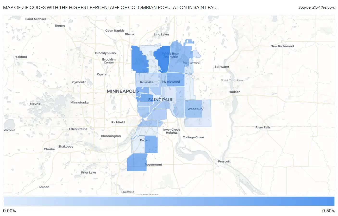 Zip Codes with the Highest Percentage of Colombian Population in Saint Paul Map