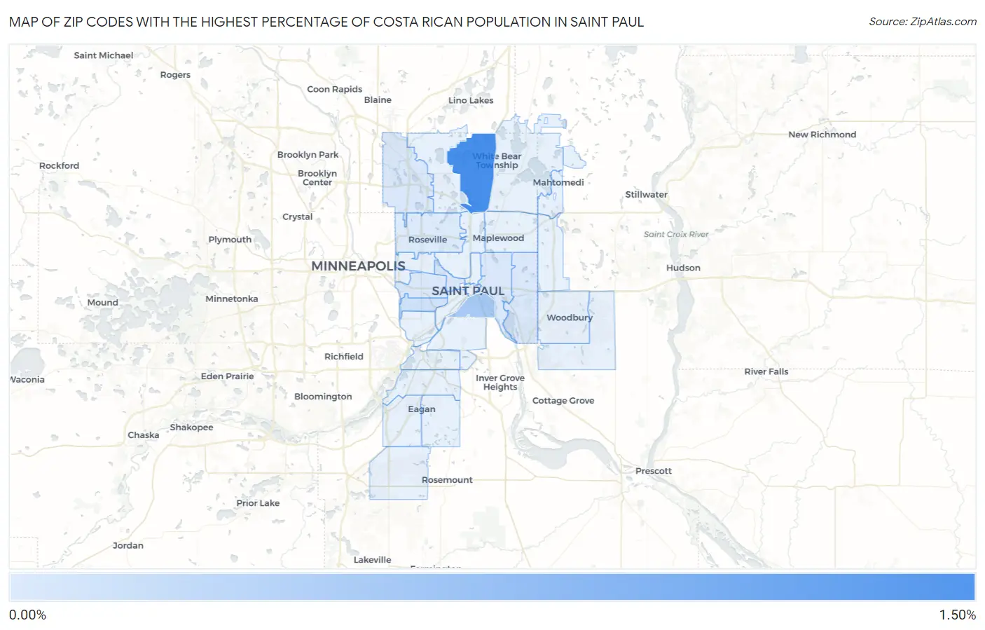 Zip Codes with the Highest Percentage of Costa Rican Population in Saint Paul Map