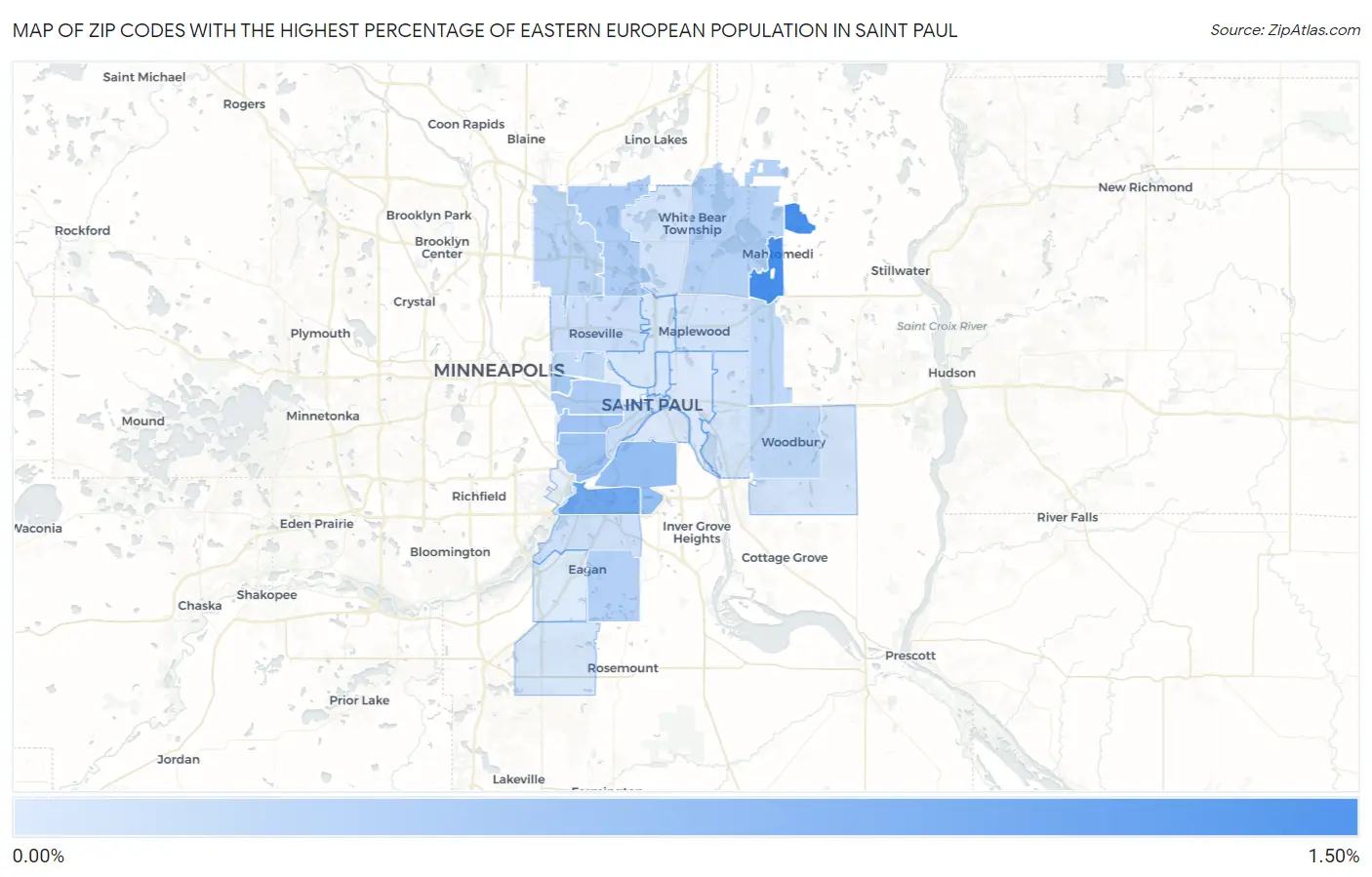 Zip Codes with the Highest Percentage of Eastern European Population in Saint Paul Map