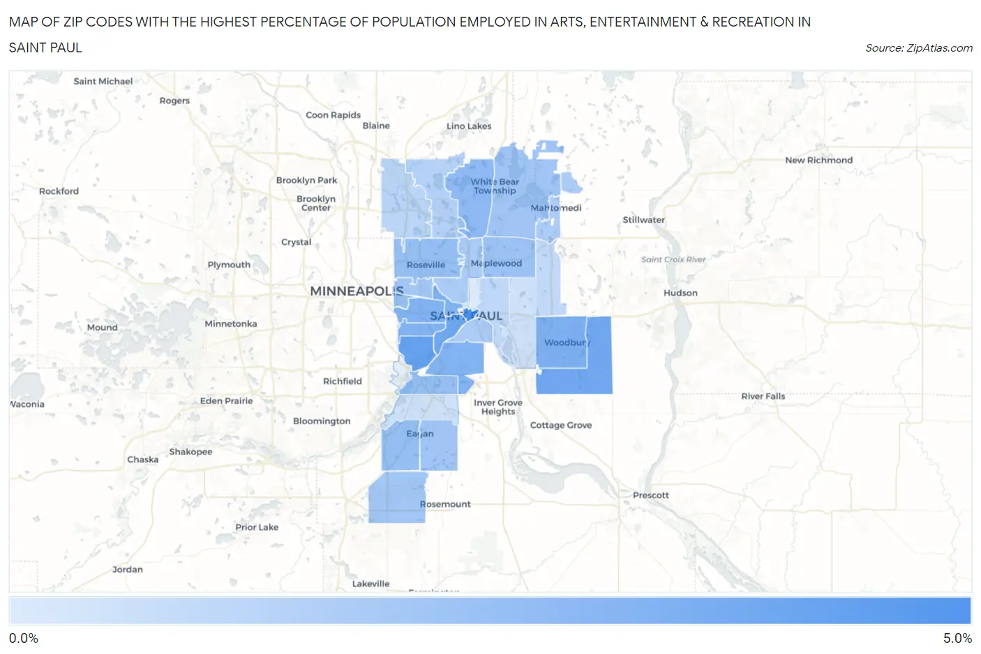 Zip Codes with the Highest Percentage of Population Employed in Arts, Entertainment & Recreation in Saint Paul Map