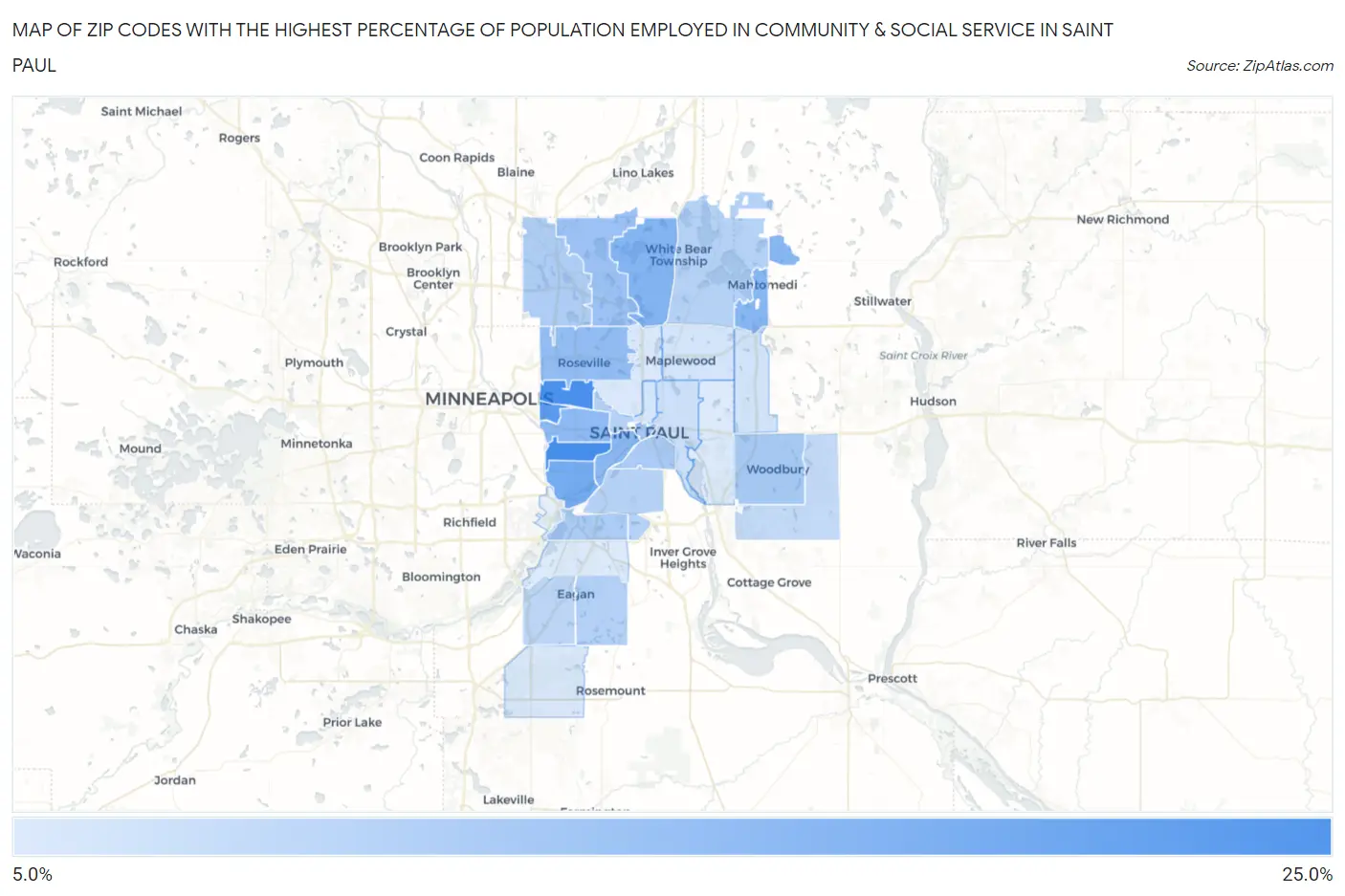 Zip Codes with the Highest Percentage of Population Employed in Community & Social Service  in Saint Paul Map