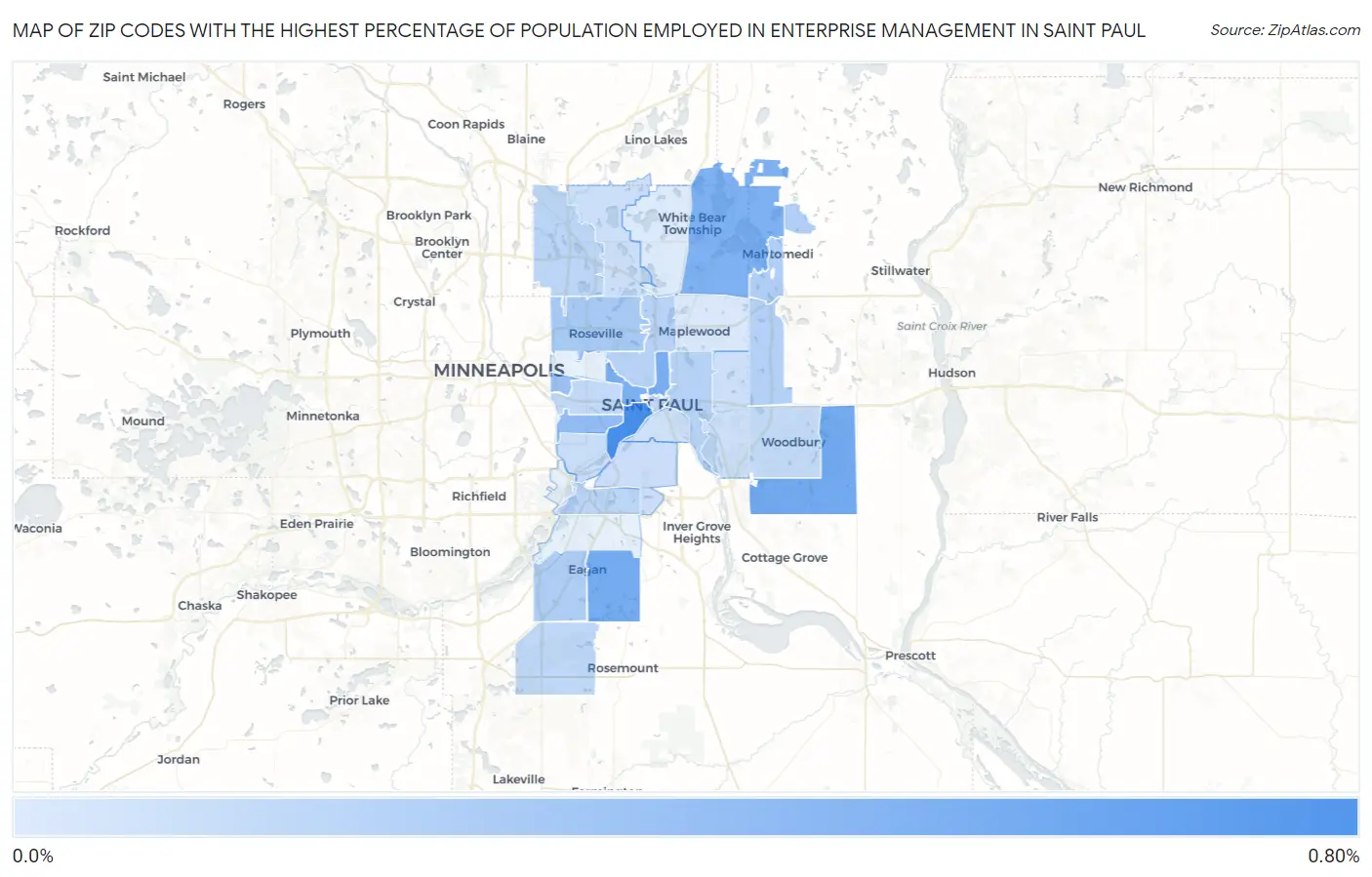 Zip Codes with the Highest Percentage of Population Employed in Enterprise Management in Saint Paul Map