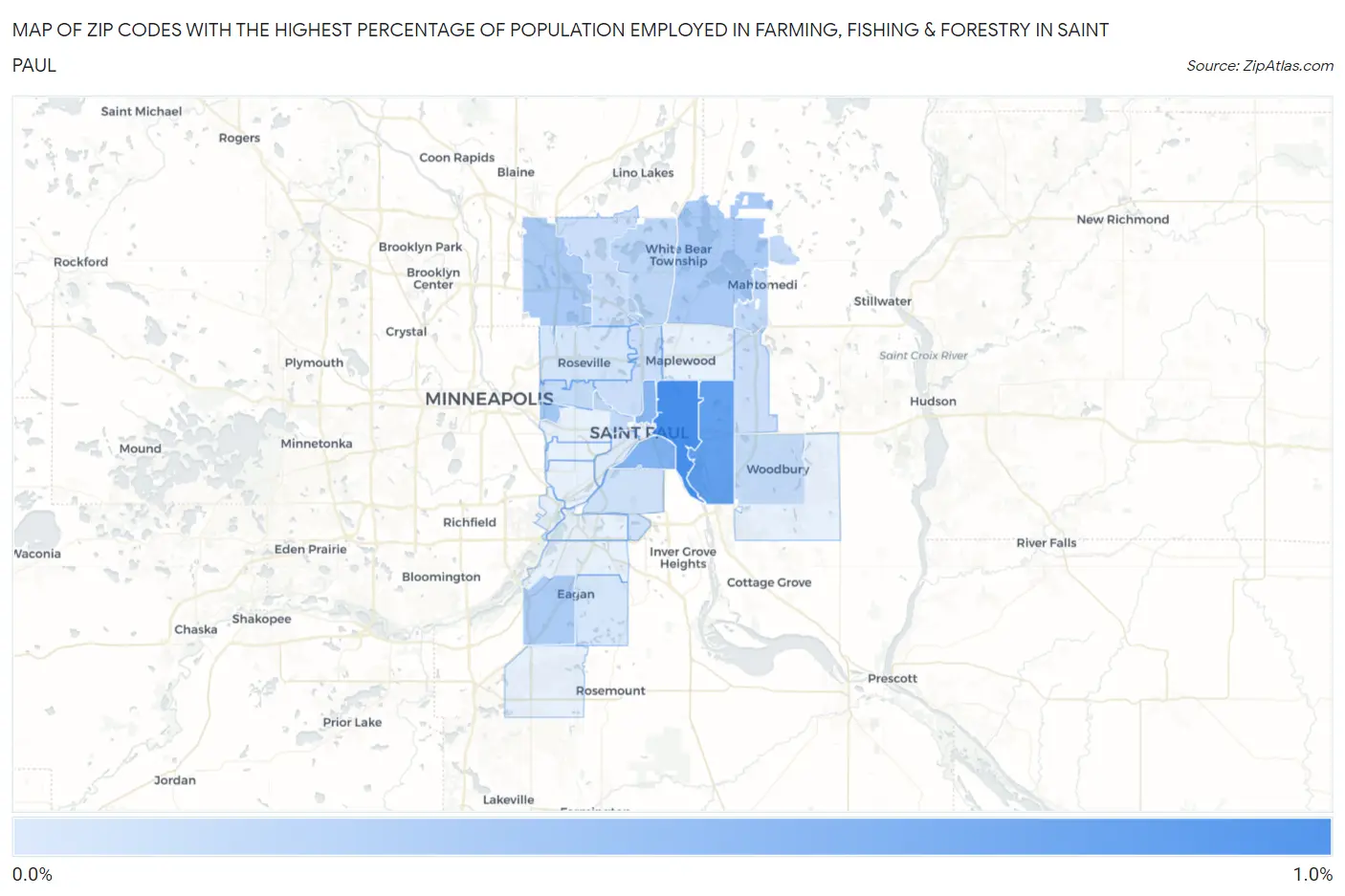 Zip Codes with the Highest Percentage of Population Employed in Farming, Fishing & Forestry in Saint Paul Map