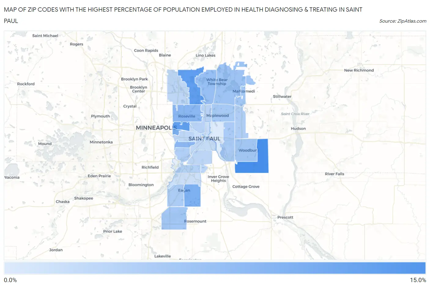 Zip Codes with the Highest Percentage of Population Employed in Health Diagnosing & Treating in Saint Paul Map