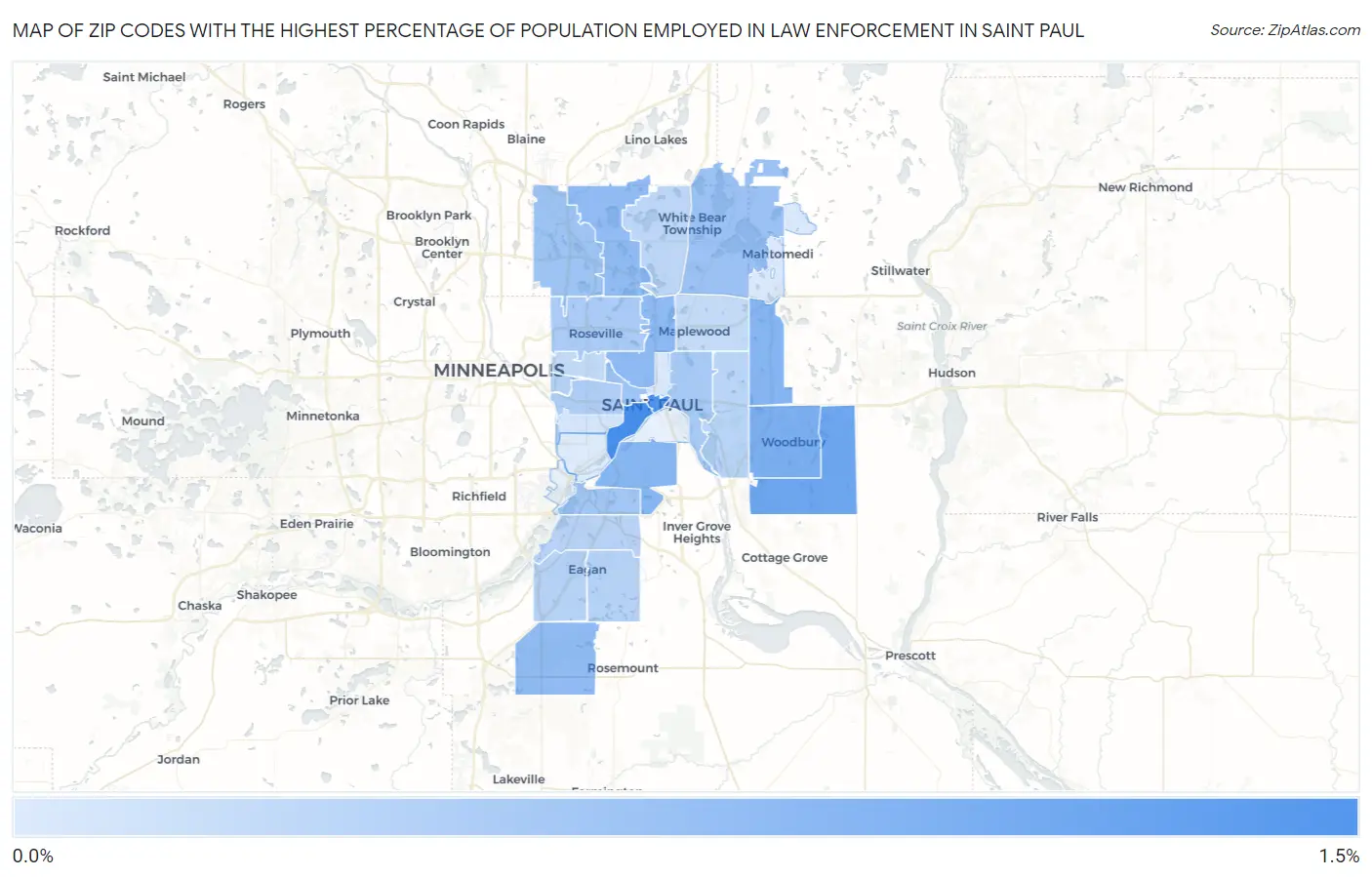 Zip Codes with the Highest Percentage of Population Employed in Law Enforcement in Saint Paul Map