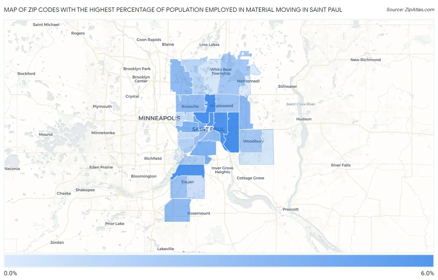 Zip Codes with the Highest Percentage of Population Employed in Material Moving in Saint Paul Map