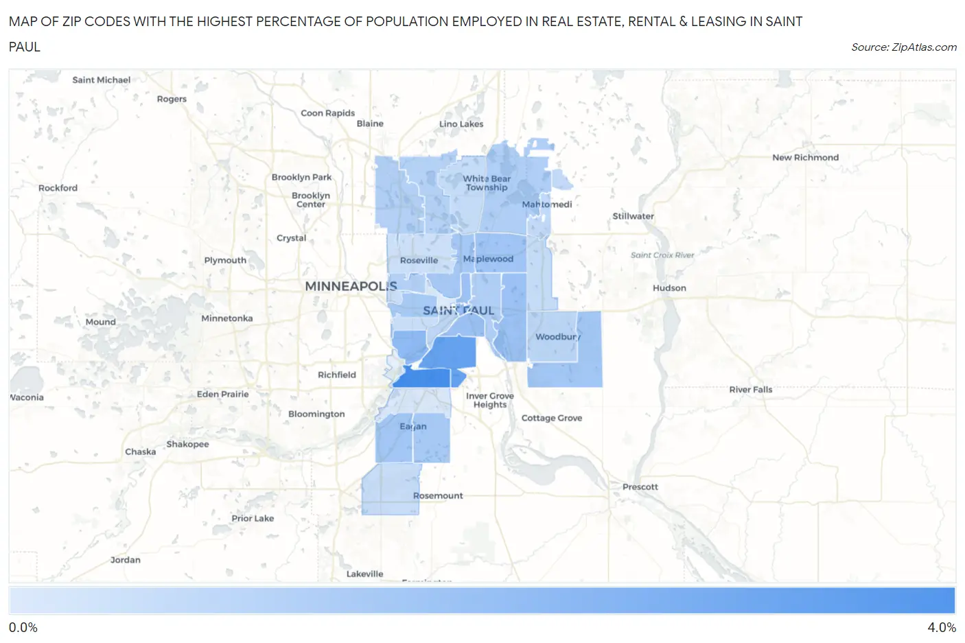 Zip Codes with the Highest Percentage of Population Employed in Real Estate, Rental & Leasing in Saint Paul Map