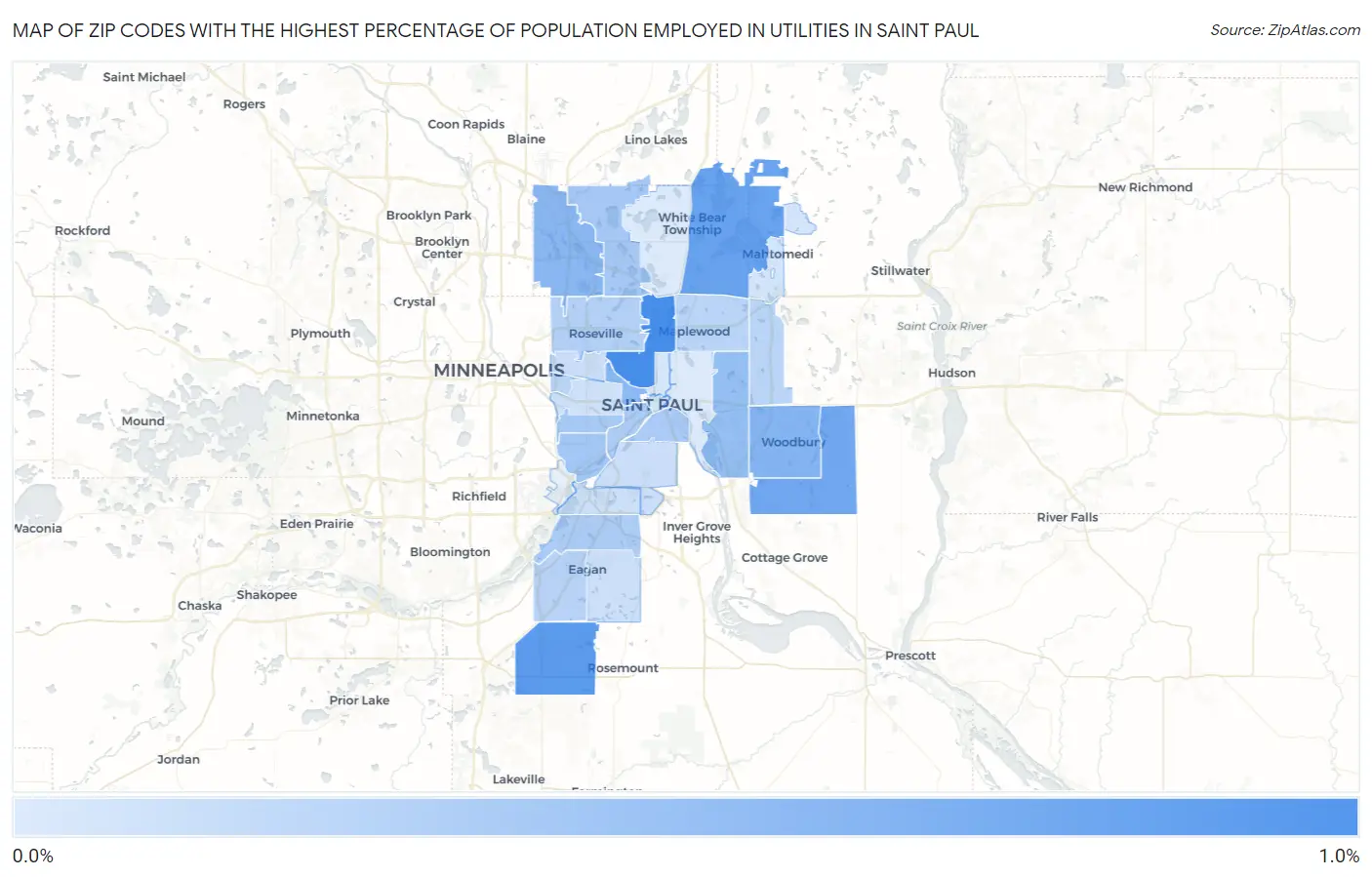 Zip Codes with the Highest Percentage of Population Employed in Utilities in Saint Paul Map