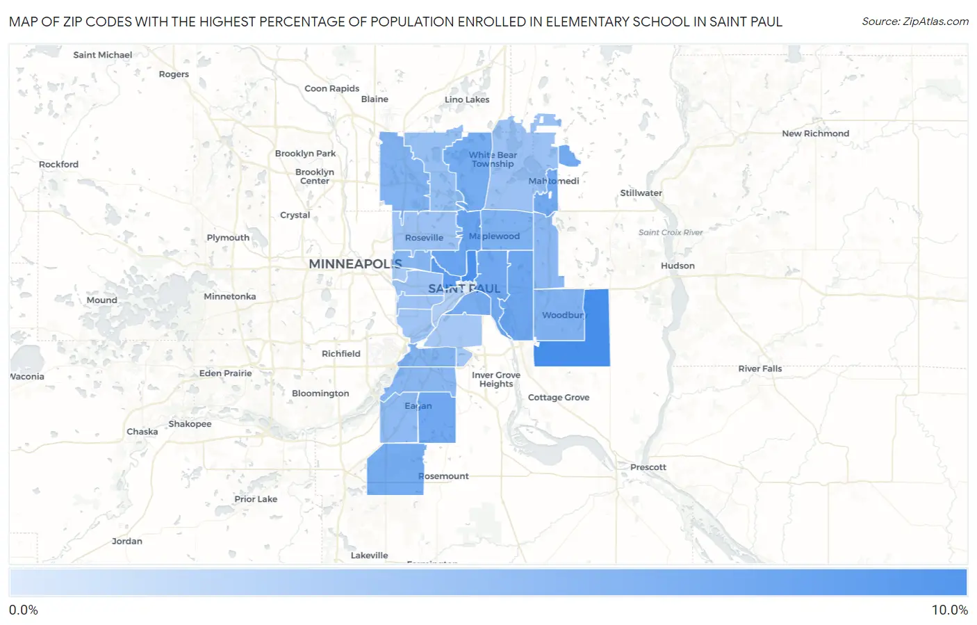 Zip Codes with the Highest Percentage of Population Enrolled in Elementary School in Saint Paul Map