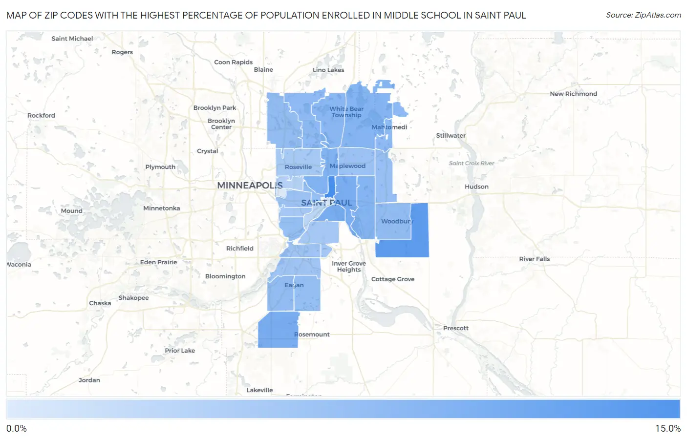 Zip Codes with the Highest Percentage of Population Enrolled in Middle School in Saint Paul Map