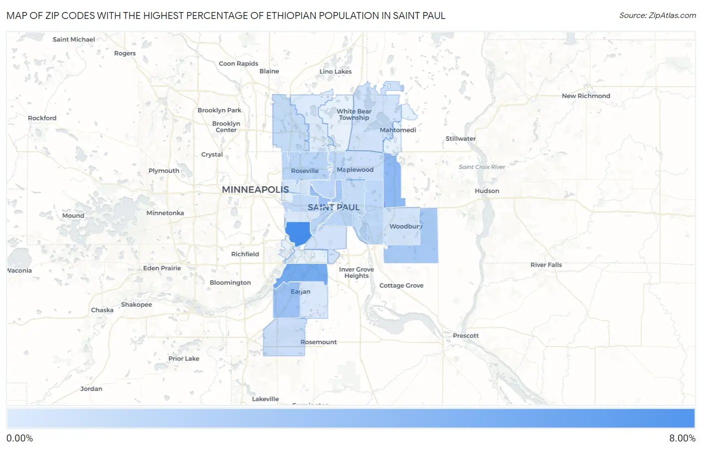 Zip Codes with the Highest Percentage of Ethiopian Population in Saint Paul Map