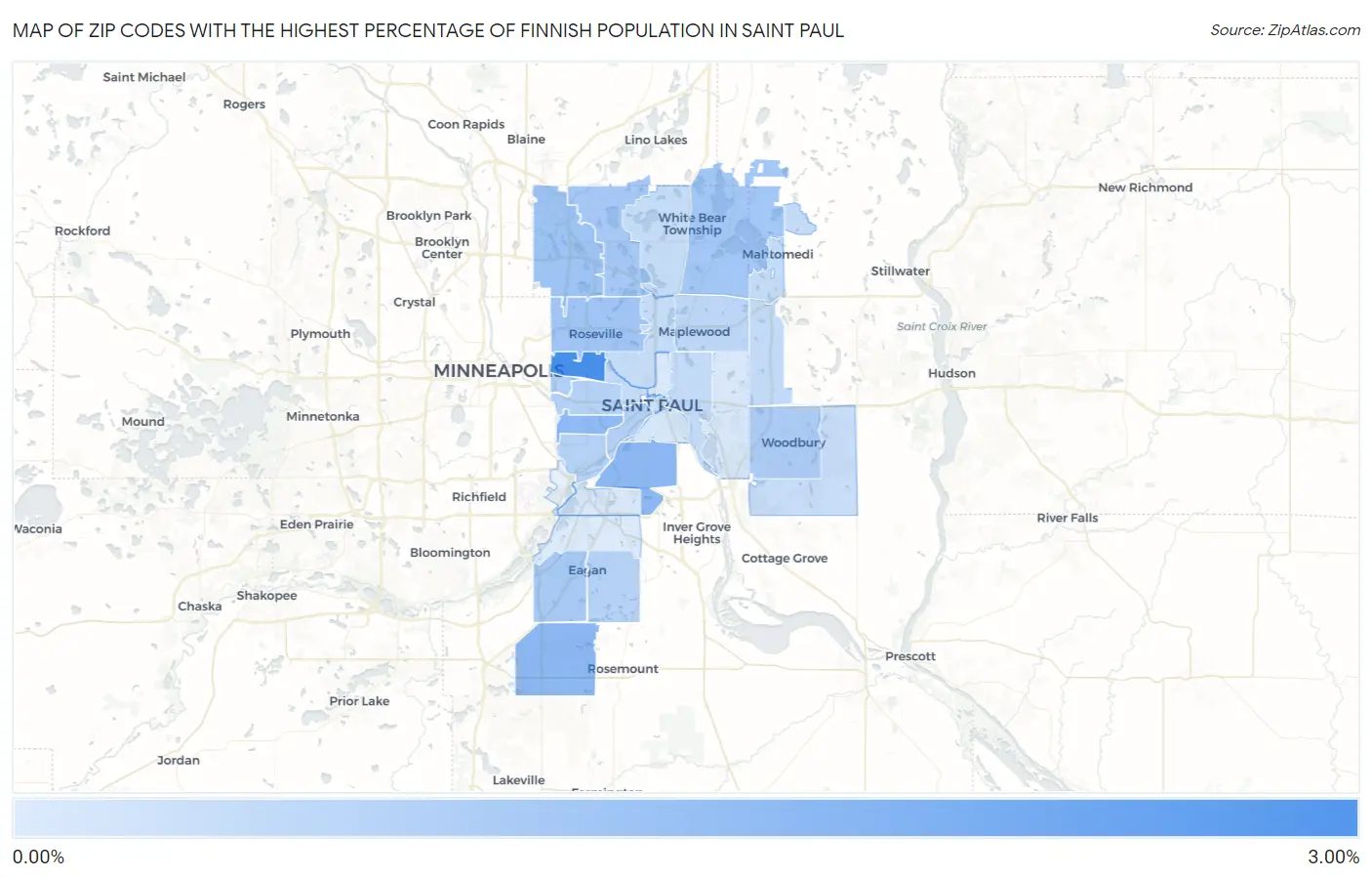 Zip Codes with the Highest Percentage of Finnish Population in Saint Paul Map