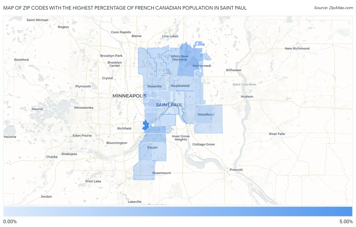 Zip Codes with the Highest Percentage of French Canadian Population in Saint Paul Map