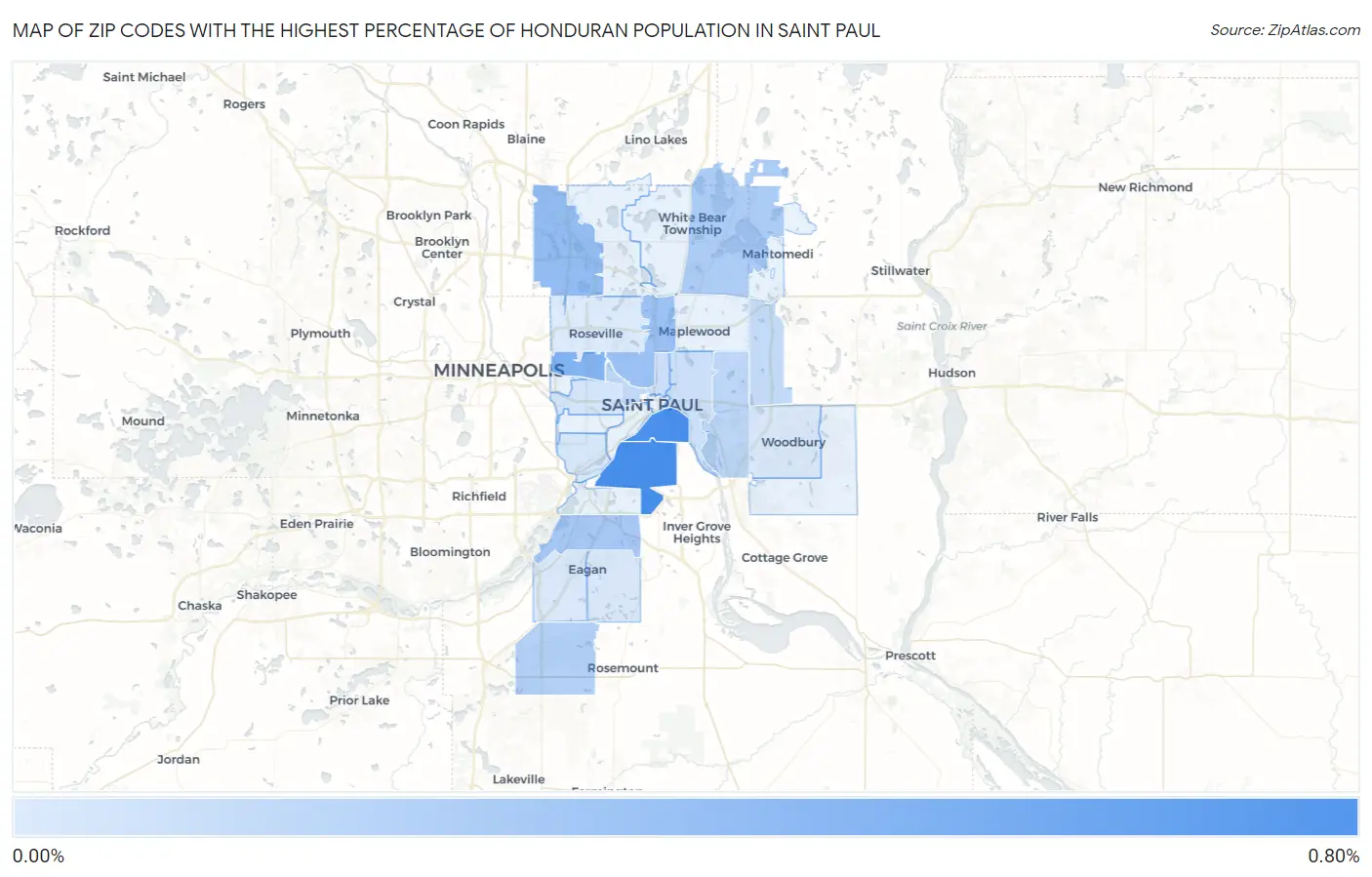 Zip Codes with the Highest Percentage of Honduran Population in Saint Paul Map