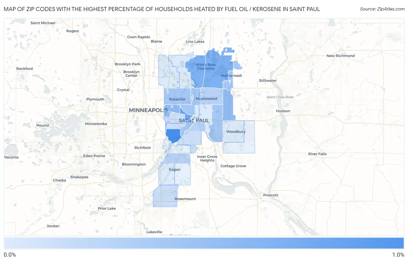 Zip Codes with the Highest Percentage of Households Heated by Fuel Oil / Kerosene in Saint Paul Map