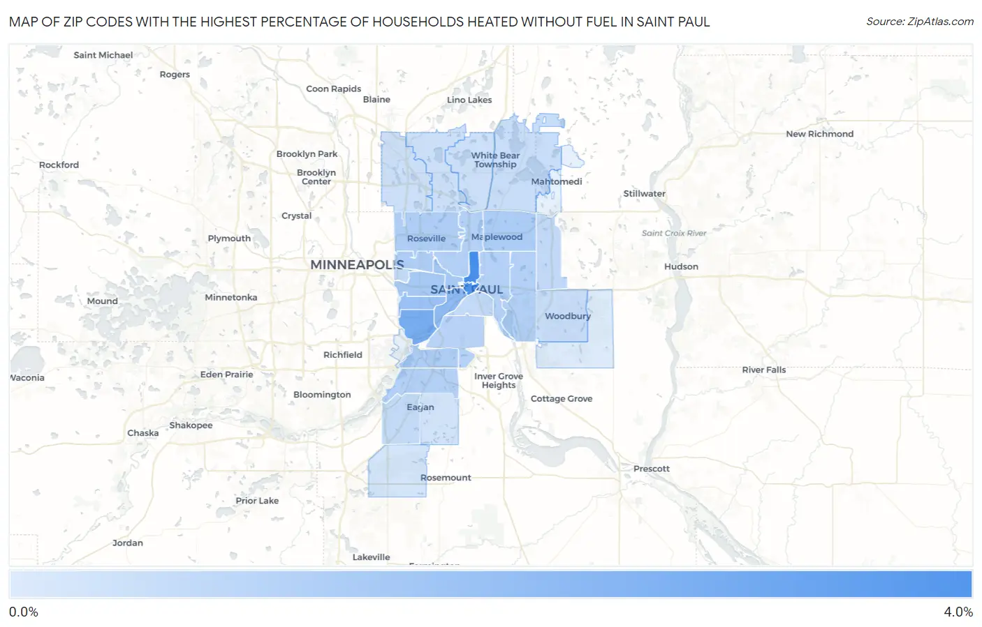 Zip Codes with the Highest Percentage of Households Heated without Fuel in Saint Paul Map