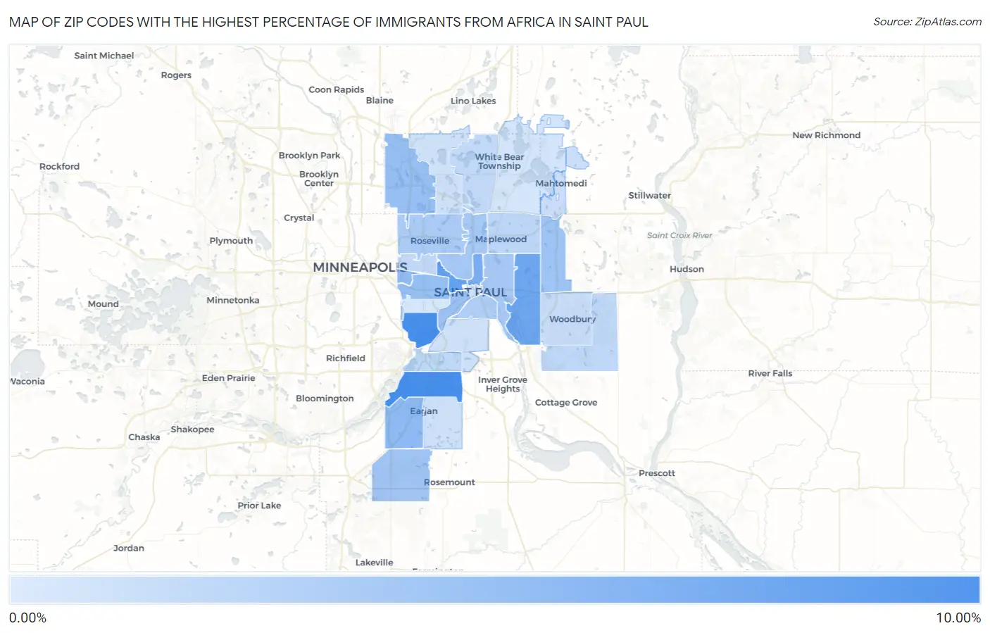 Zip Codes with the Highest Percentage of Immigrants from Africa in Saint Paul Map