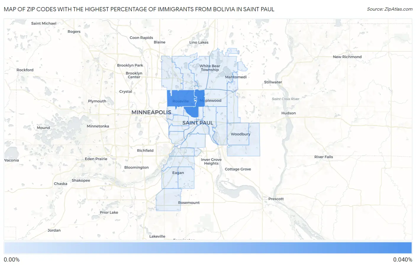 Zip Codes with the Highest Percentage of Immigrants from Bolivia in Saint Paul Map