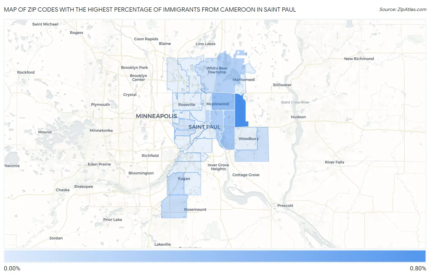 Zip Codes with the Highest Percentage of Immigrants from Cameroon in Saint Paul Map