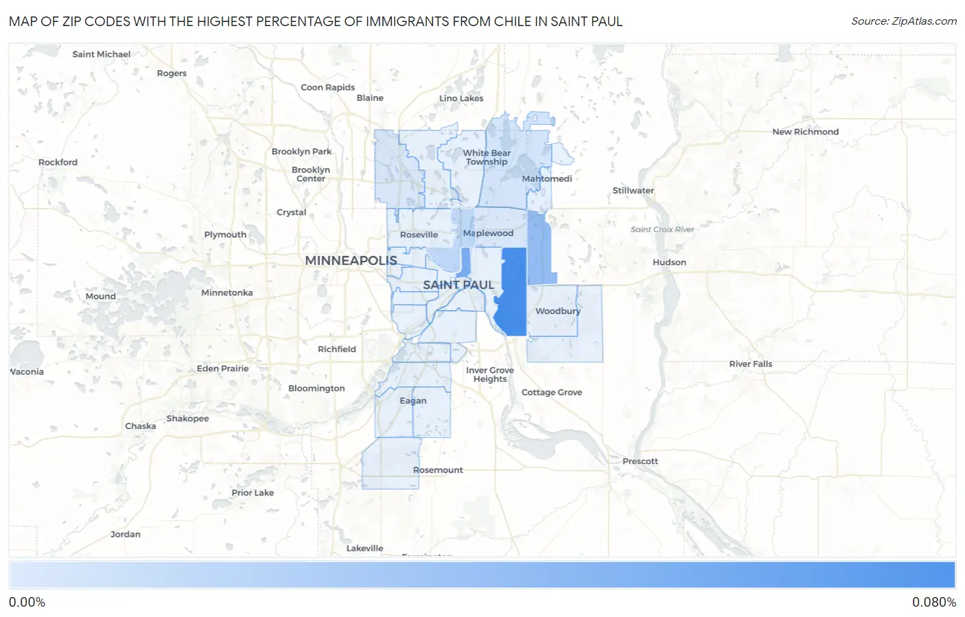 Zip Codes with the Highest Percentage of Immigrants from Chile in Saint Paul Map