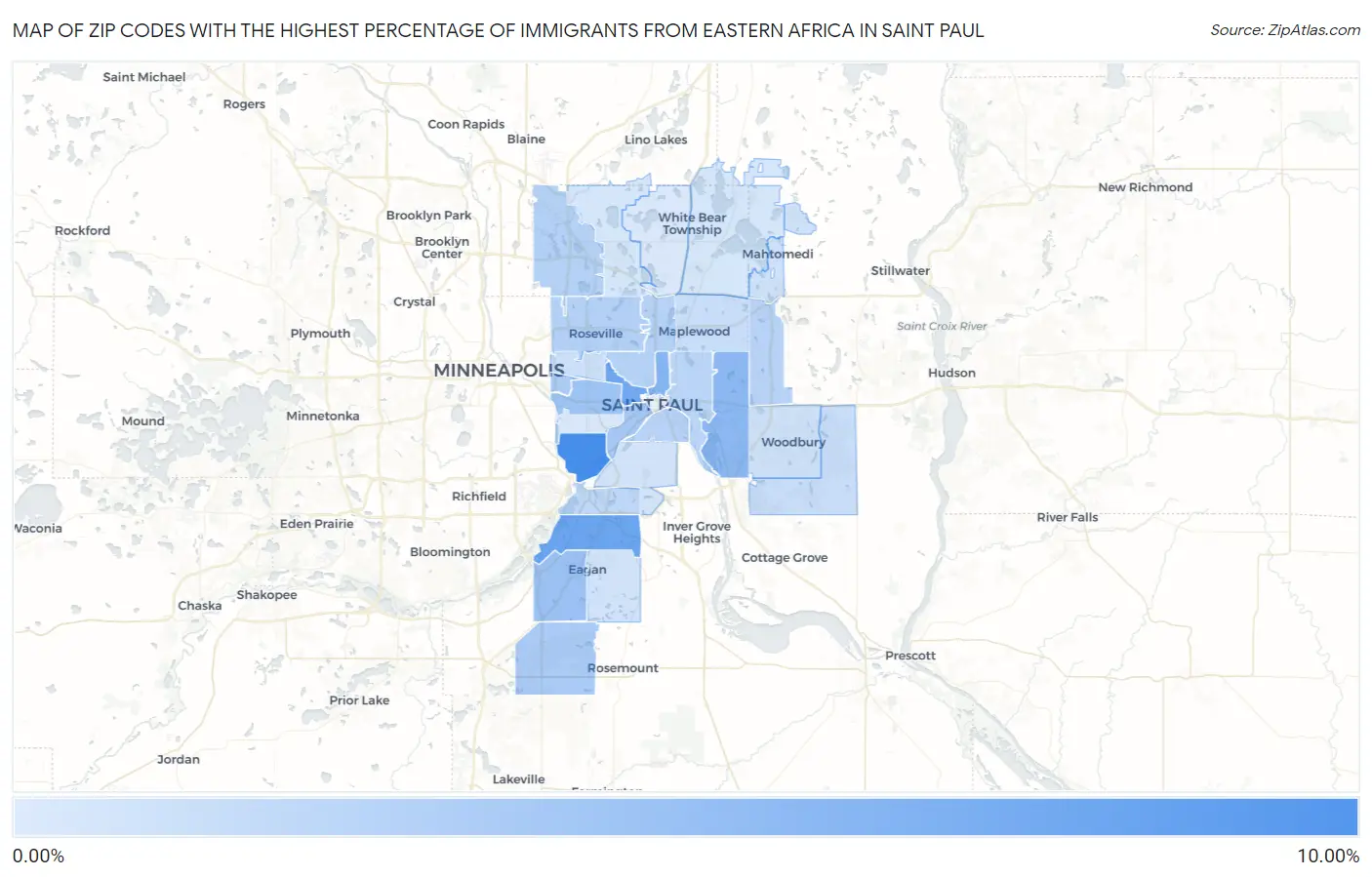 Zip Codes with the Highest Percentage of Immigrants from Eastern Africa in Saint Paul Map