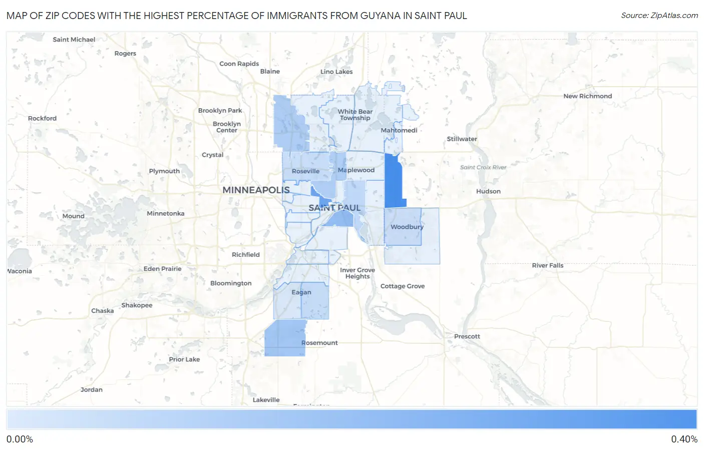 Zip Codes with the Highest Percentage of Immigrants from Guyana in Saint Paul Map