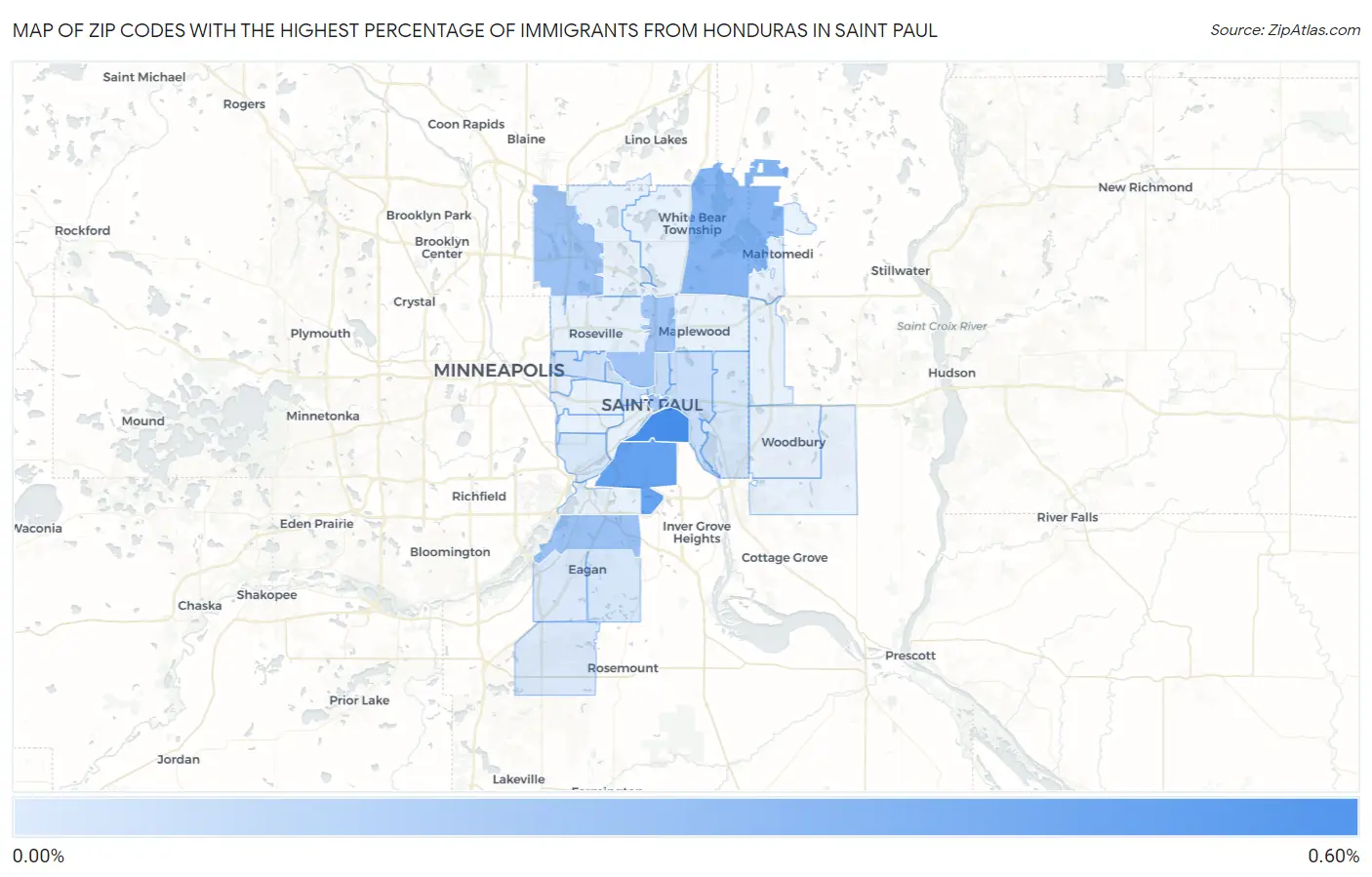 Zip Codes with the Highest Percentage of Immigrants from Honduras in Saint Paul Map