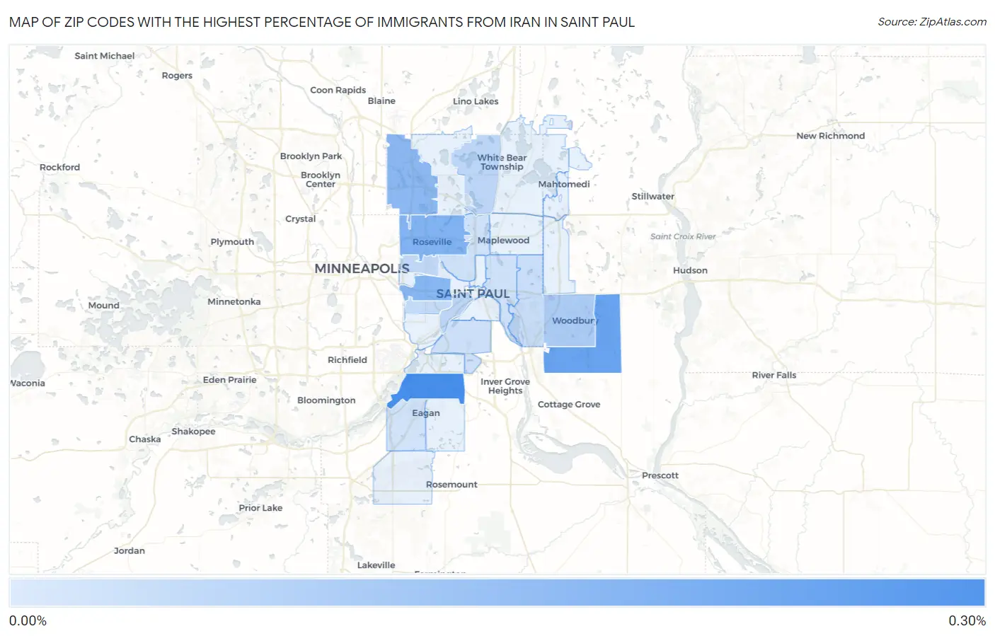 Zip Codes with the Highest Percentage of Immigrants from Iran in Saint Paul Map