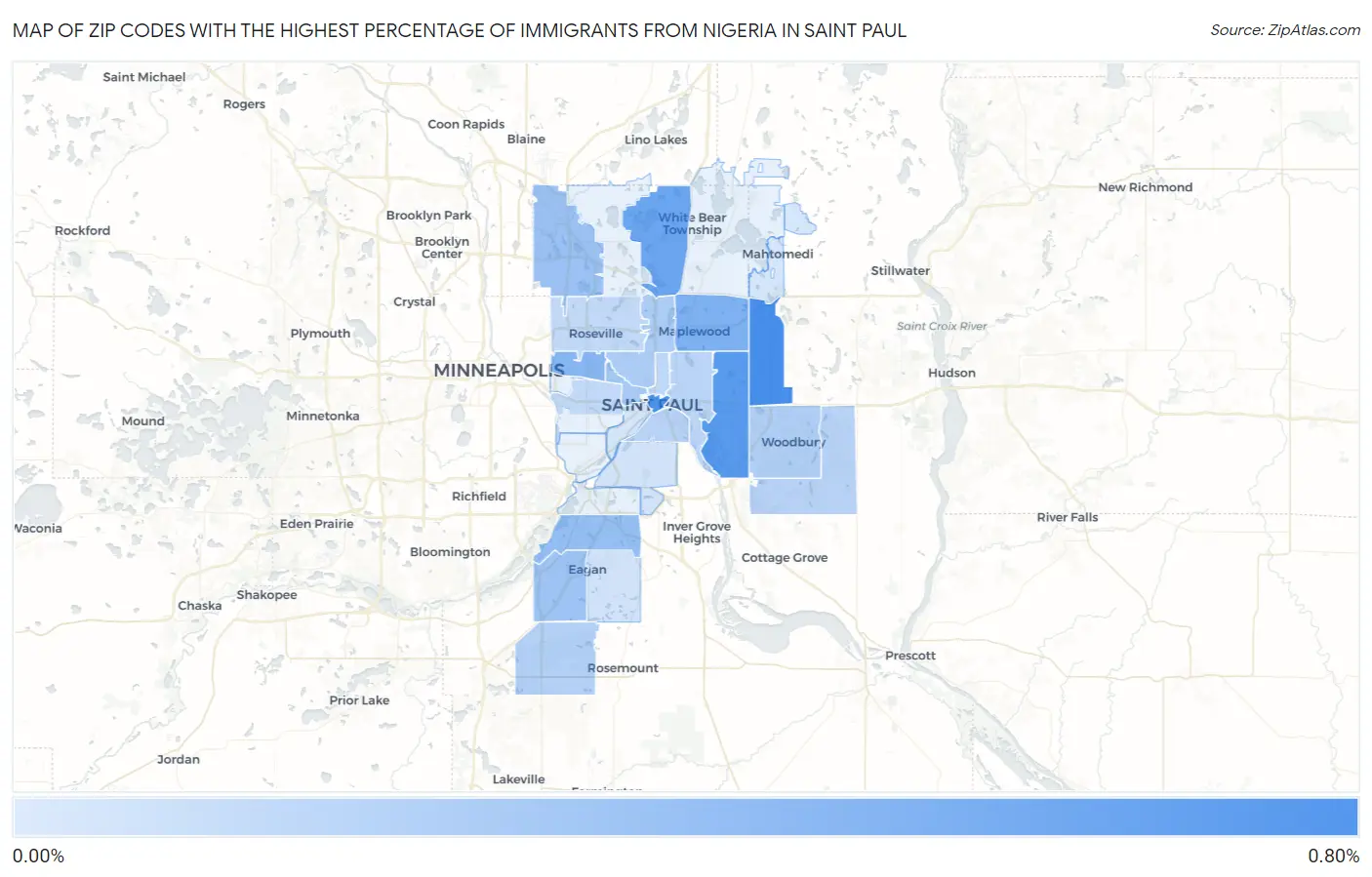 Zip Codes with the Highest Percentage of Immigrants from Nigeria in Saint Paul Map