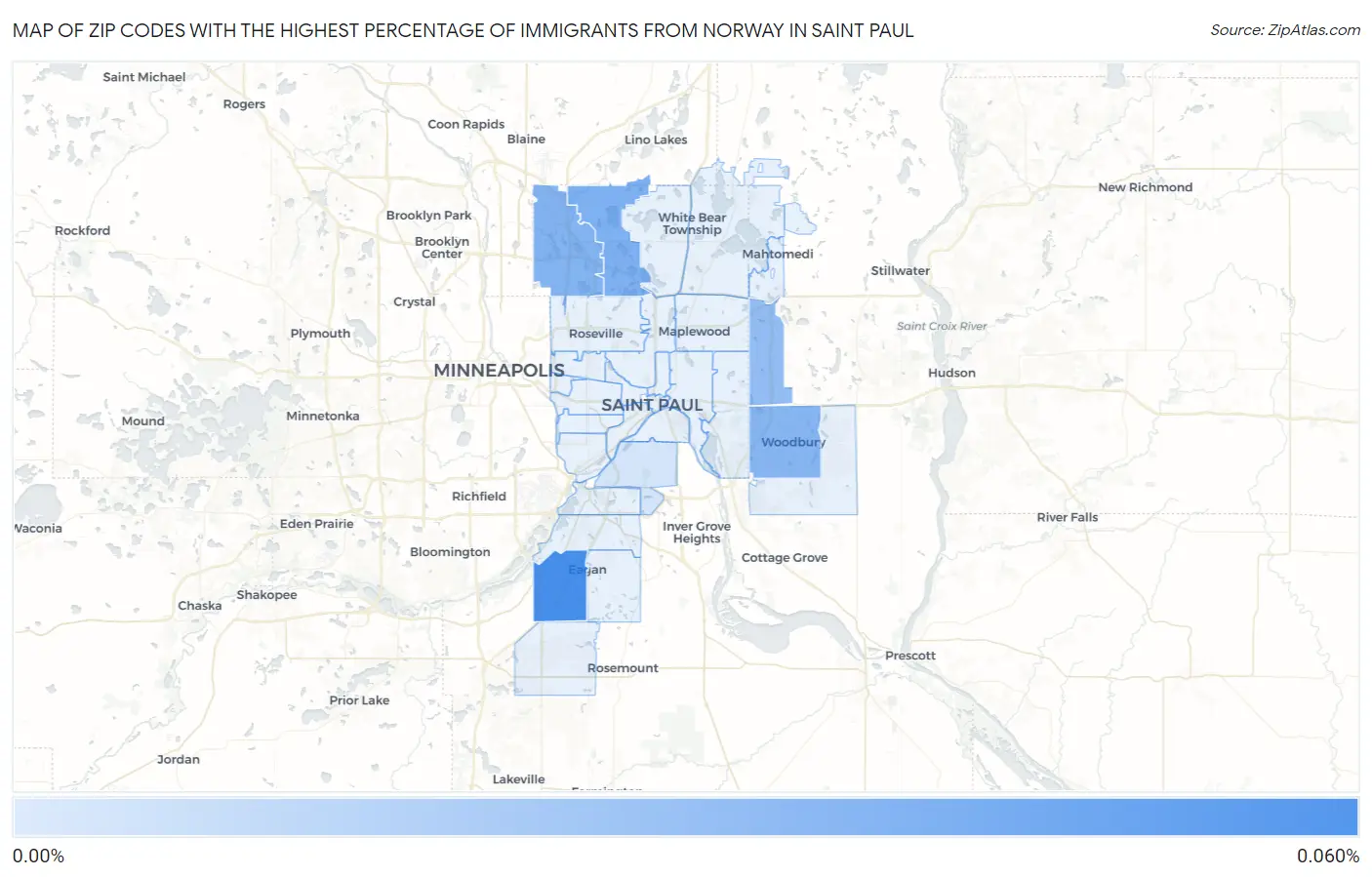 Zip Codes with the Highest Percentage of Immigrants from Norway in Saint Paul Map