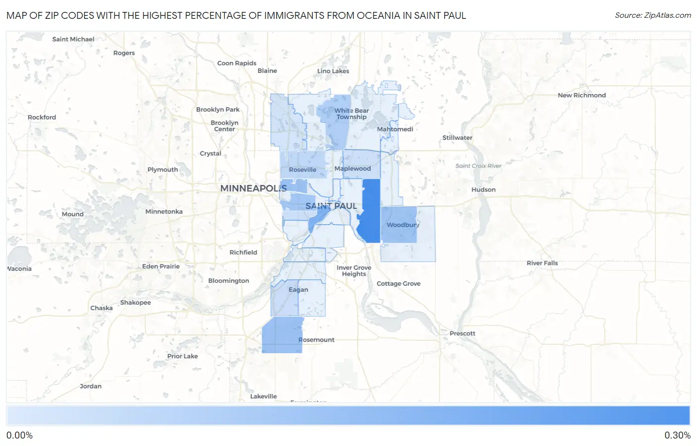 Zip Codes with the Highest Percentage of Immigrants from Oceania in Saint Paul Map