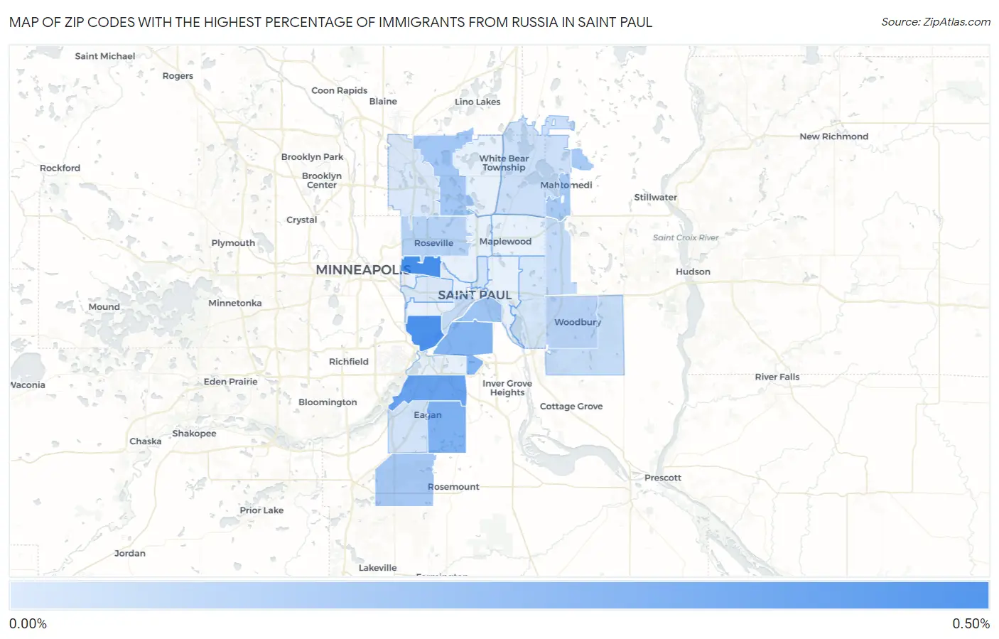 Zip Codes with the Highest Percentage of Immigrants from Russia in Saint Paul Map