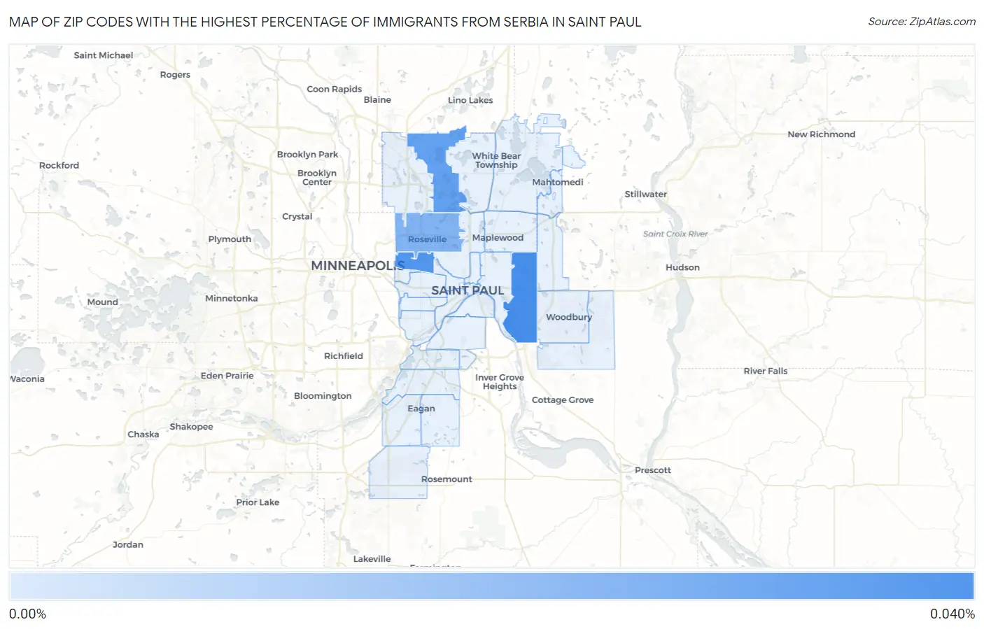 Zip Codes with the Highest Percentage of Immigrants from Serbia in Saint Paul Map