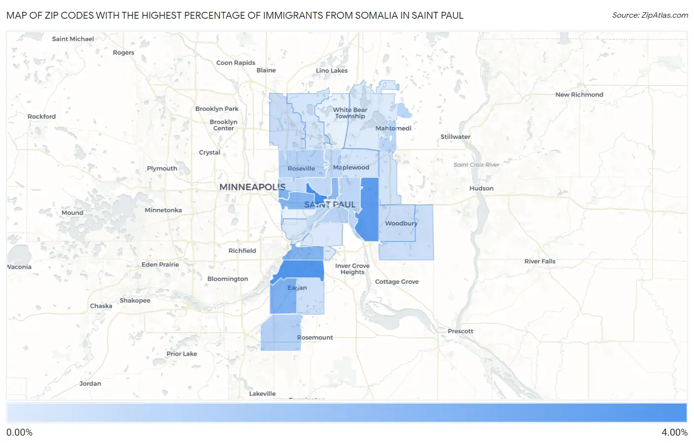 Zip Codes with the Highest Percentage of Immigrants from Somalia in Saint Paul Map
