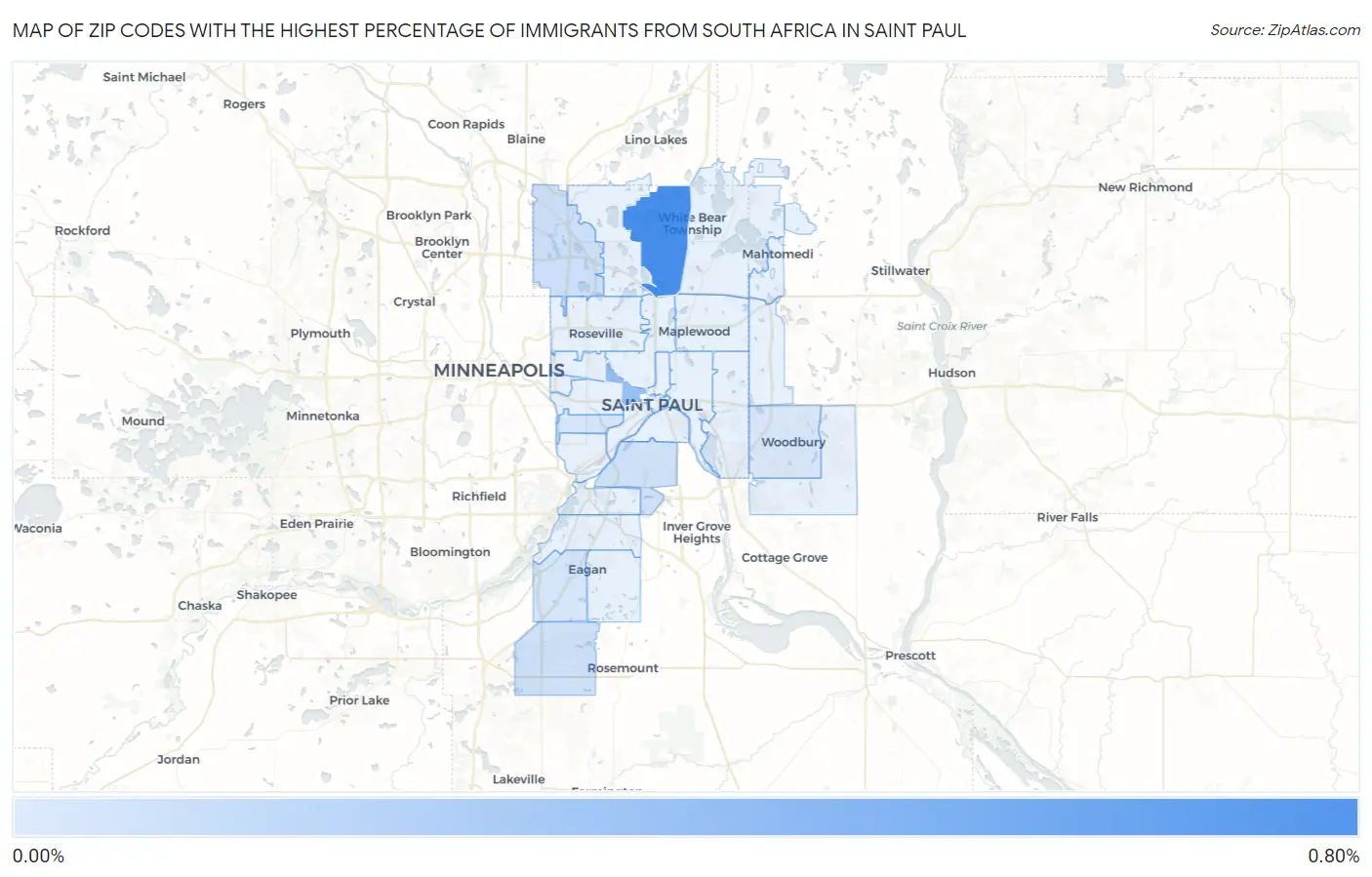 Zip Codes with the Highest Percentage of Immigrants from South Africa in Saint Paul Map