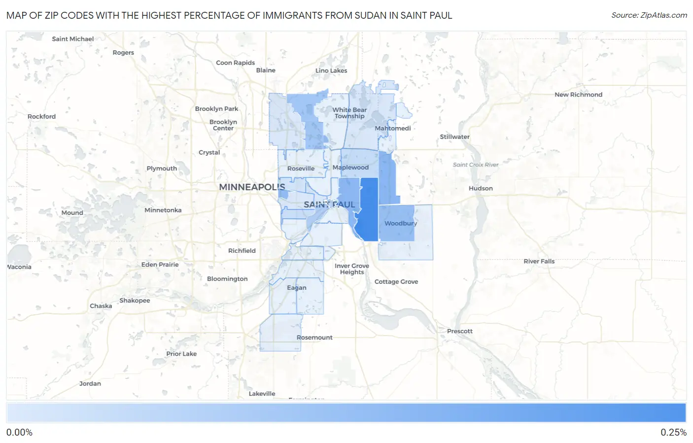 Zip Codes with the Highest Percentage of Immigrants from Sudan in Saint Paul Map