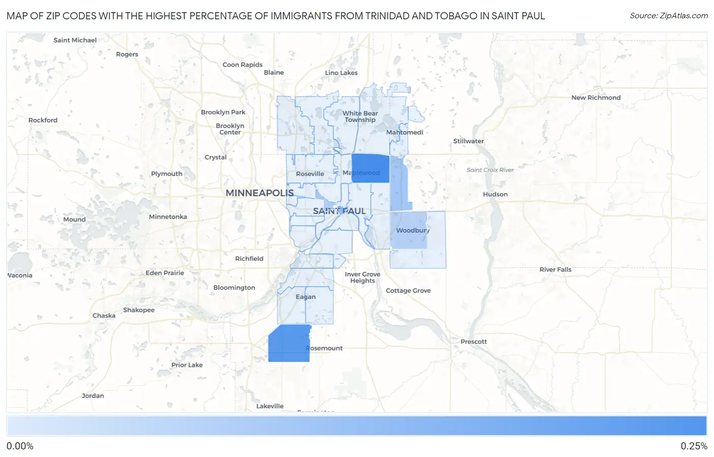 Zip Codes with the Highest Percentage of Immigrants from Trinidad and Tobago in Saint Paul Map