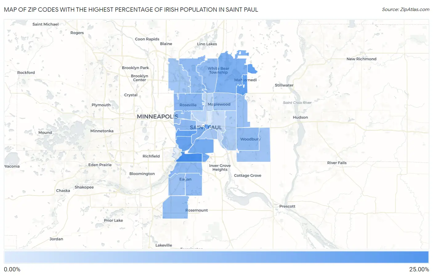Zip Codes with the Highest Percentage of Irish Population in Saint Paul Map