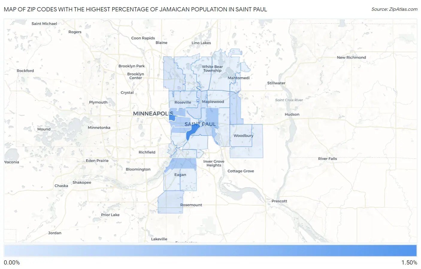 Zip Codes with the Highest Percentage of Jamaican Population in Saint Paul Map